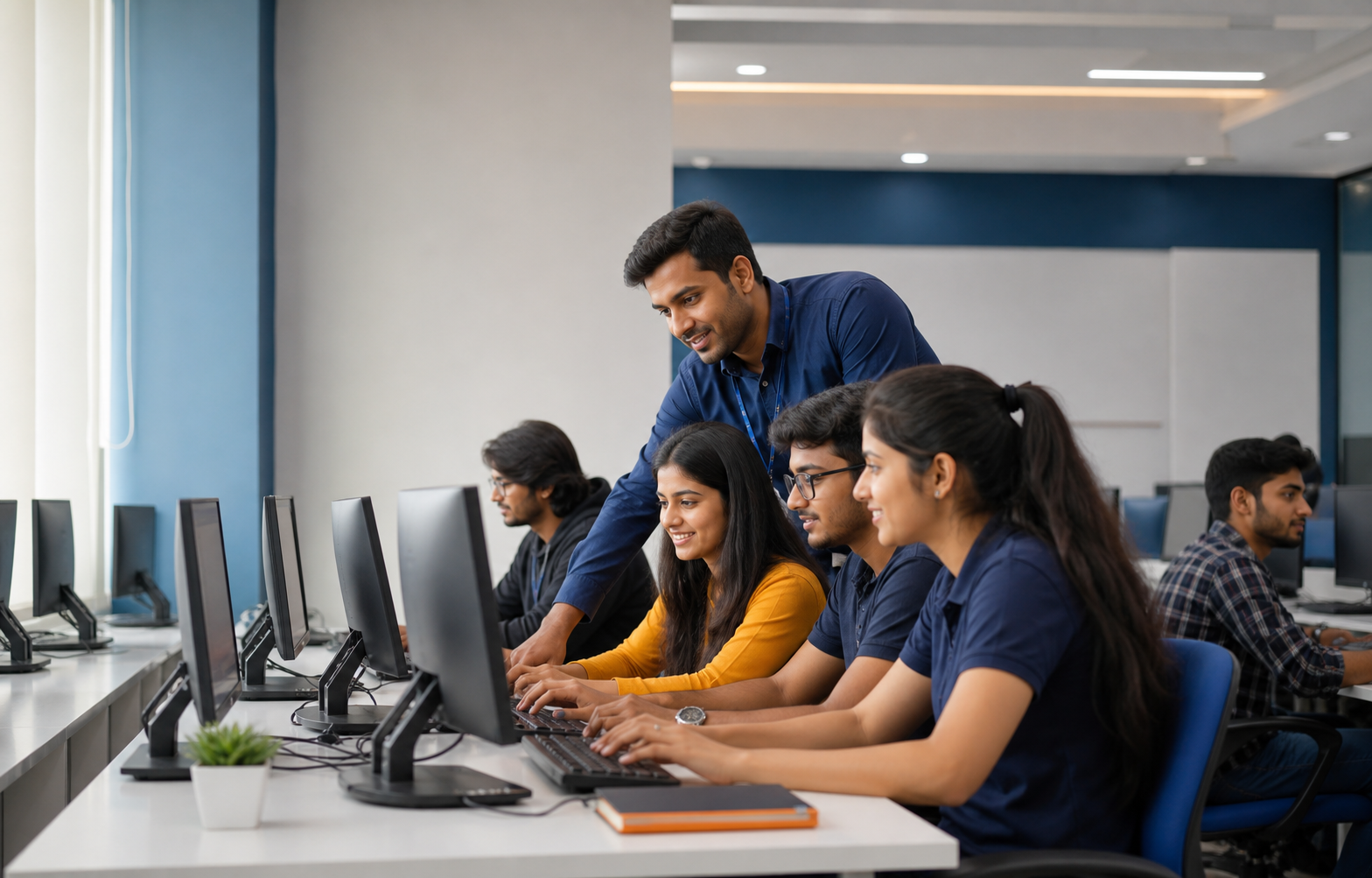 Instructor guiding students in a modern computer training classroom