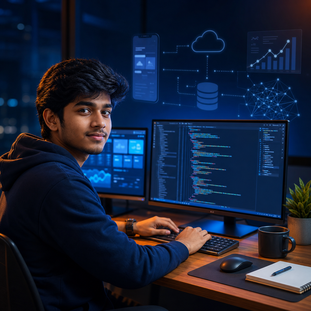 Student developing software using modern programming technologies